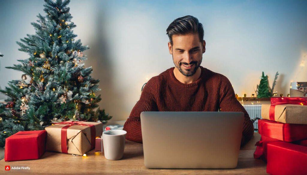 Ein man am Laptop der seine Weihnachtsgeschenke online bestell in einer Weihnachtlichen Umgebung