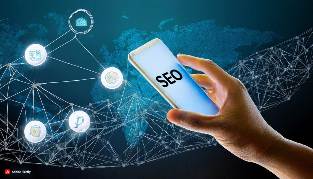 Hintergrund stellt die Erde Aufgeklappt dar im Vordergrund sind Symbole und ein Smartphone, da steht SEO drauf. das soll Die Wichtigkeit von SEO-Analysen für Online-Shops darstellen.