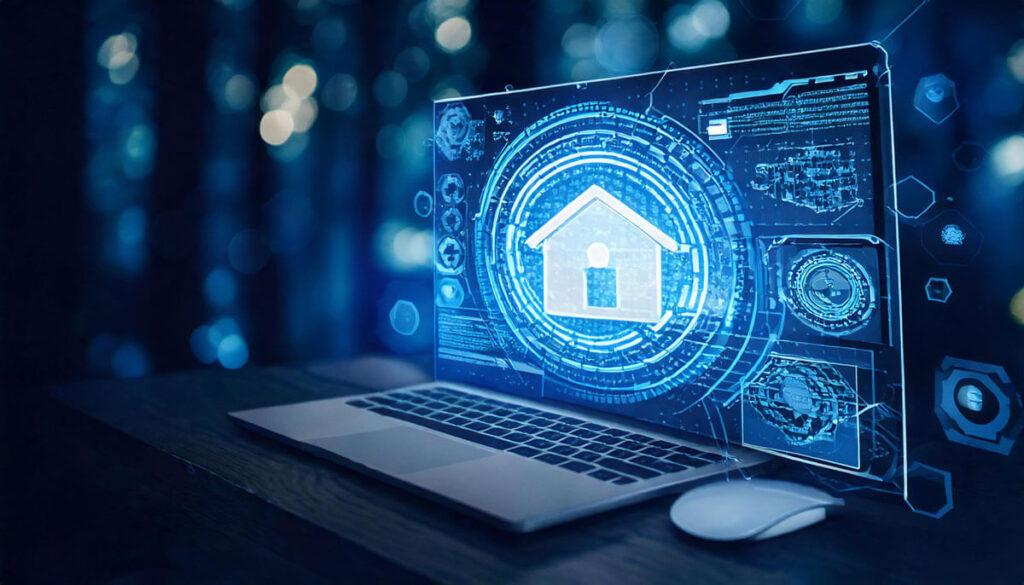 Laptop, auf dem Bildschirm ist ein Haus abgebildet mit diversen Symbolen die zum Monitoring, Webseitenüberwachung einer Webseite oder Onlineshop notwendig sind.